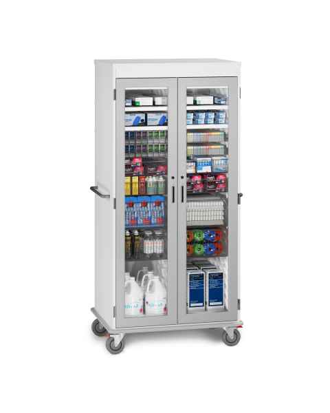 Universal Medical Inc. S104877 Double Wide Two Columns Tall Storage Cart with Glass Door, Key Lock, Preconfigured with Accessories - With Items (The Items in the Photo are Not Included)