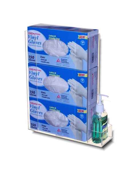 Acrylic Three Glove Box Holder with Hand Sanitizer Pocket