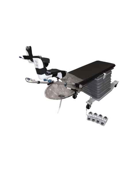 Surgical Tables Inc. UROMAX-4 UroMAX Urology/Lithotomy C-Arm Imaging Table, 4 Motion. The image depicts the Stirrups, Clamps, and Drain Loop Bag, which is sold separately.