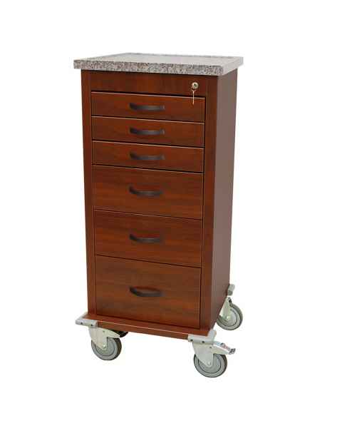 Harloff WV3256K-CM Wood Vinyl Aluminum Mini Width Tall Anesthesia Cart Six Drawer with Key Lock, Cherry Mahogany Finish Cabinet.