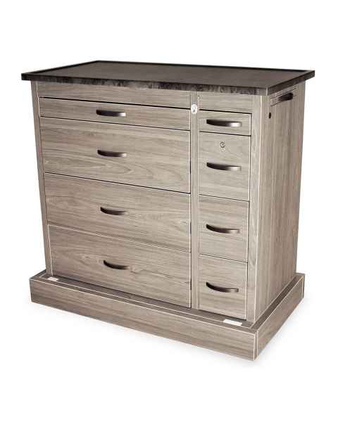Harloff WV600PC-DW Wood Vinyl 600 Punch Card Medication Cart with Key Lock, Single Wide Narcotics Drawer, Driftwood Gray Cabinet Finish. Shown with Dark Top option.