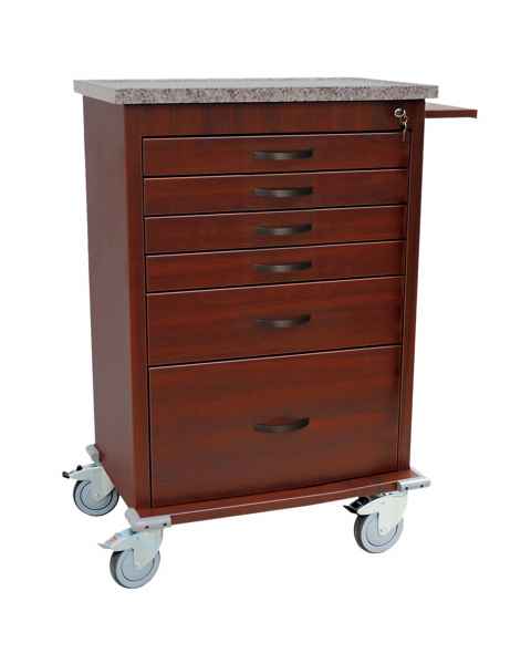 Harloff WV6450-CM Wood Vinyl Aluminum Tall Treatment Cart Six Drawers with Key Lock, Cherry Mahogany Finish Cabinet.