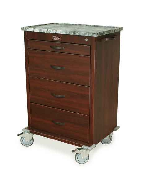Harloff WV6520-CM Wood Vinyl Aluminum Tall Treatment Cart Four Drawers, Key Lock, Cherry Mahogany Finish Cabinet. Shown with Light Top option.
