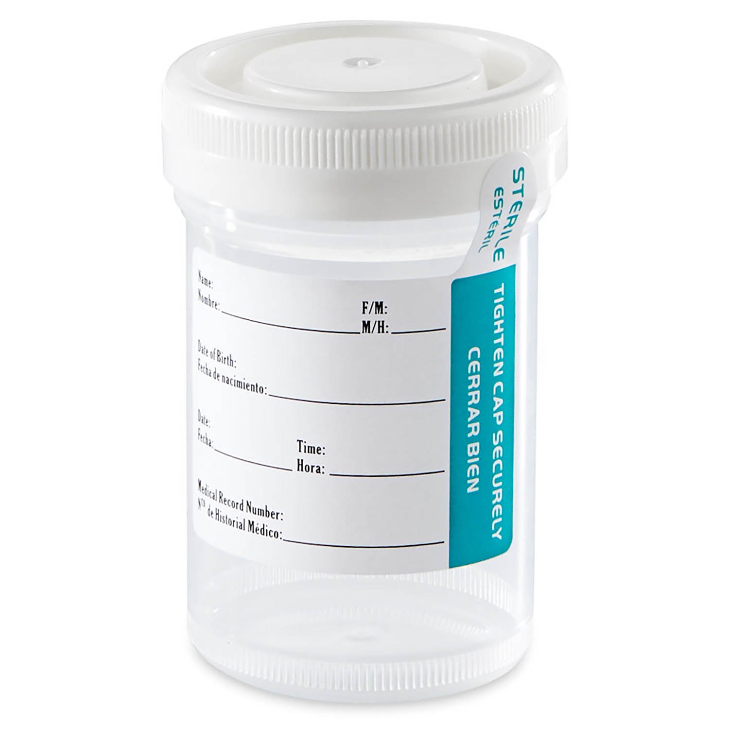 90mL (3oz) Tite-Rite Container with Attached Screw Cap and Tab Seal ID Label - Sterile (Case of 400)