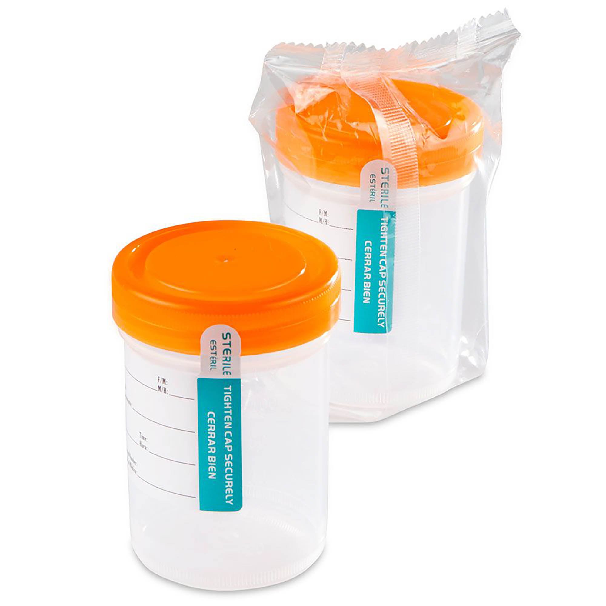 120mL (4oz) Tite-Rite Container with Attached Orange Screw Cap and Tab Seal ID Label - Individually Wrapped - Sterile (Case of 100)