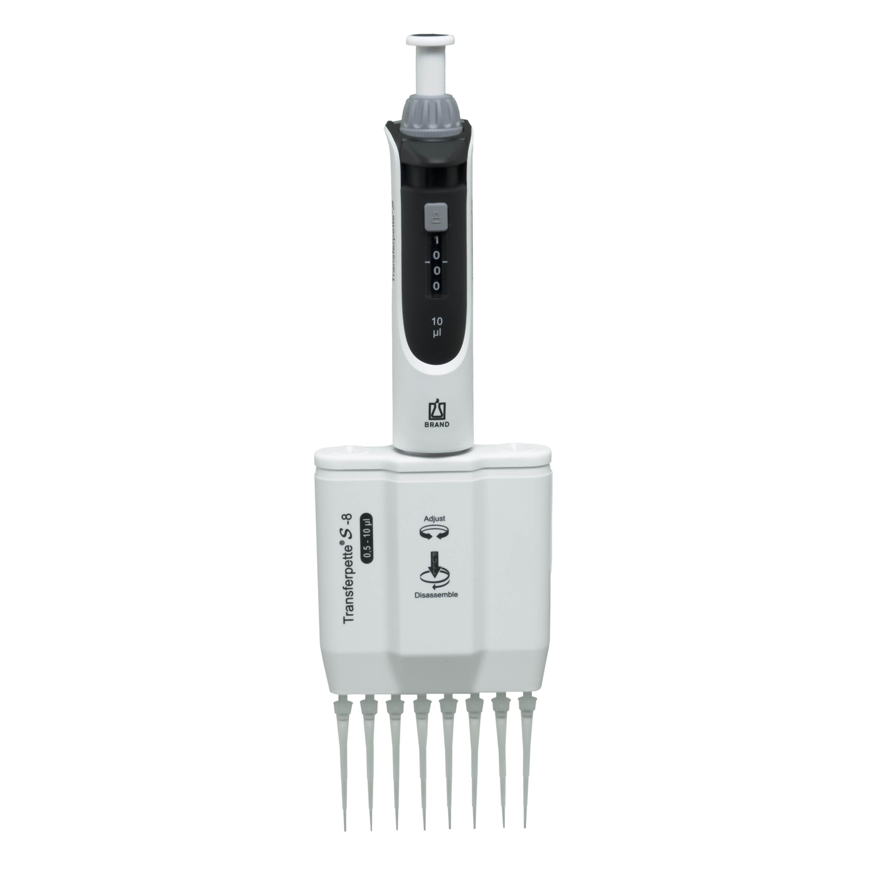 BrandTech Transferpette S-8 Channel Pipette Model M8-10 - Adjustable Volume 0.5-10uL