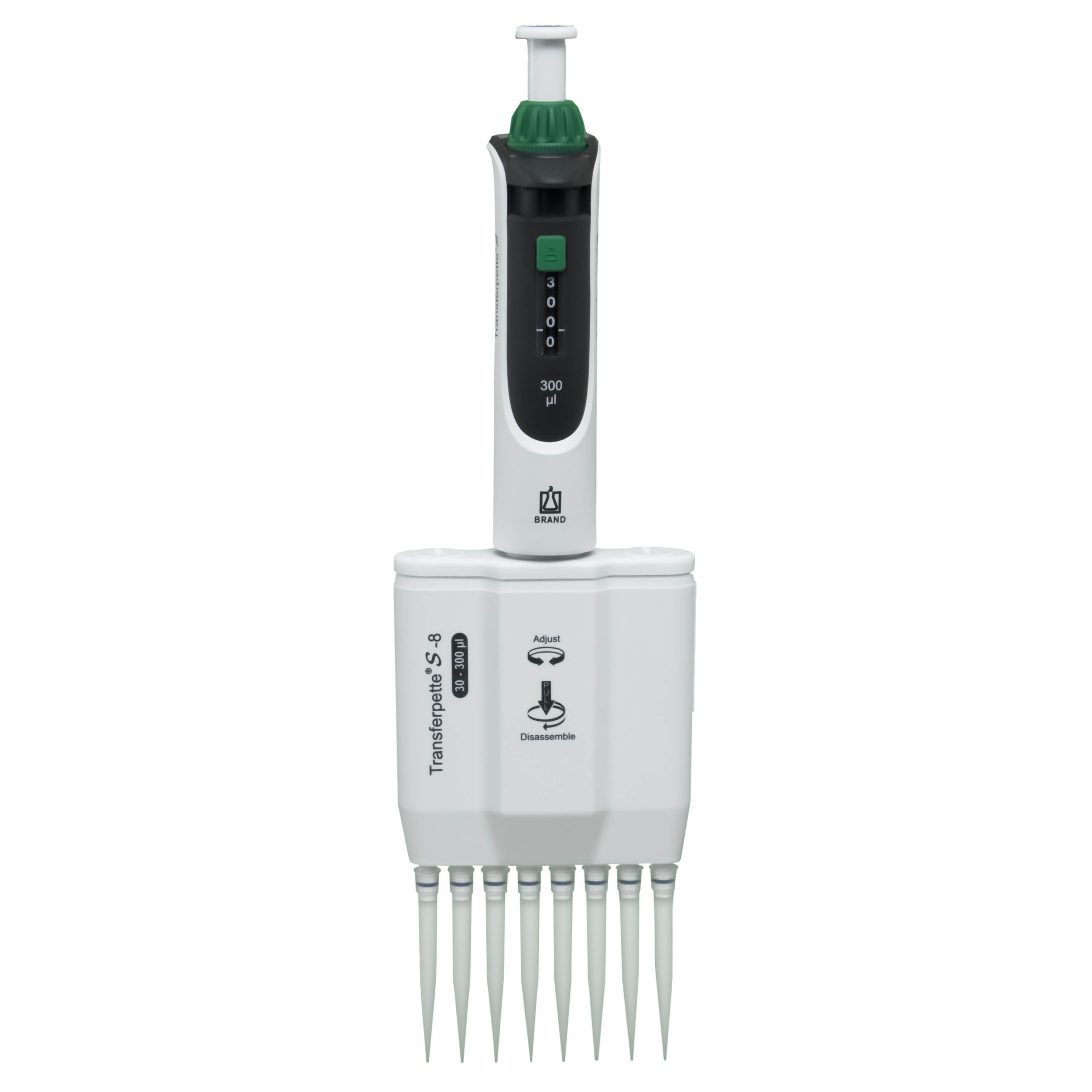 BrandTech Transferpette S-8 Channel Pipette Model M8-300 - Adjustable Volume 30-300uL