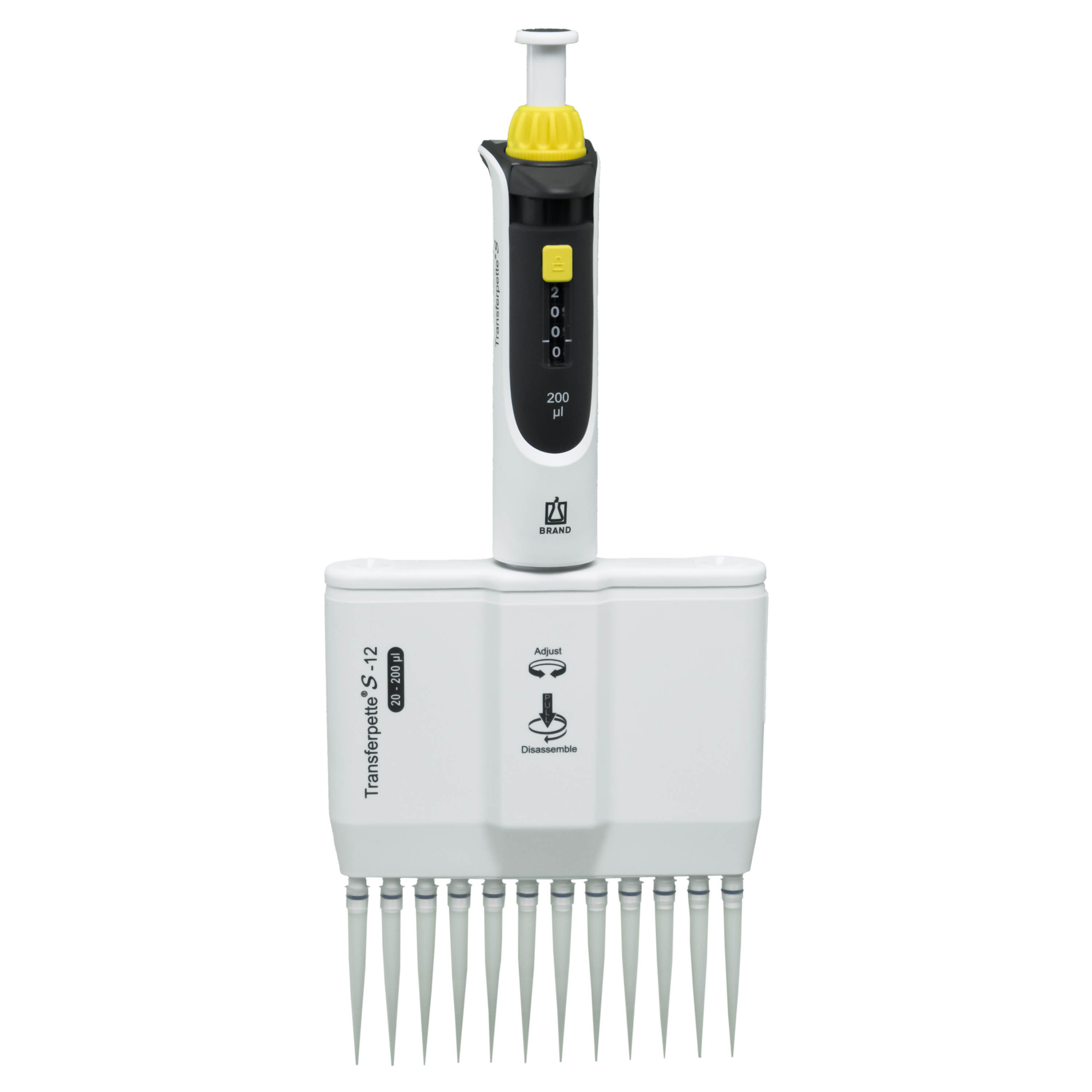 BrandTech Transferpette S-12 Channel Pipette Model M12-200 - Adjustable Volume 20-200uL