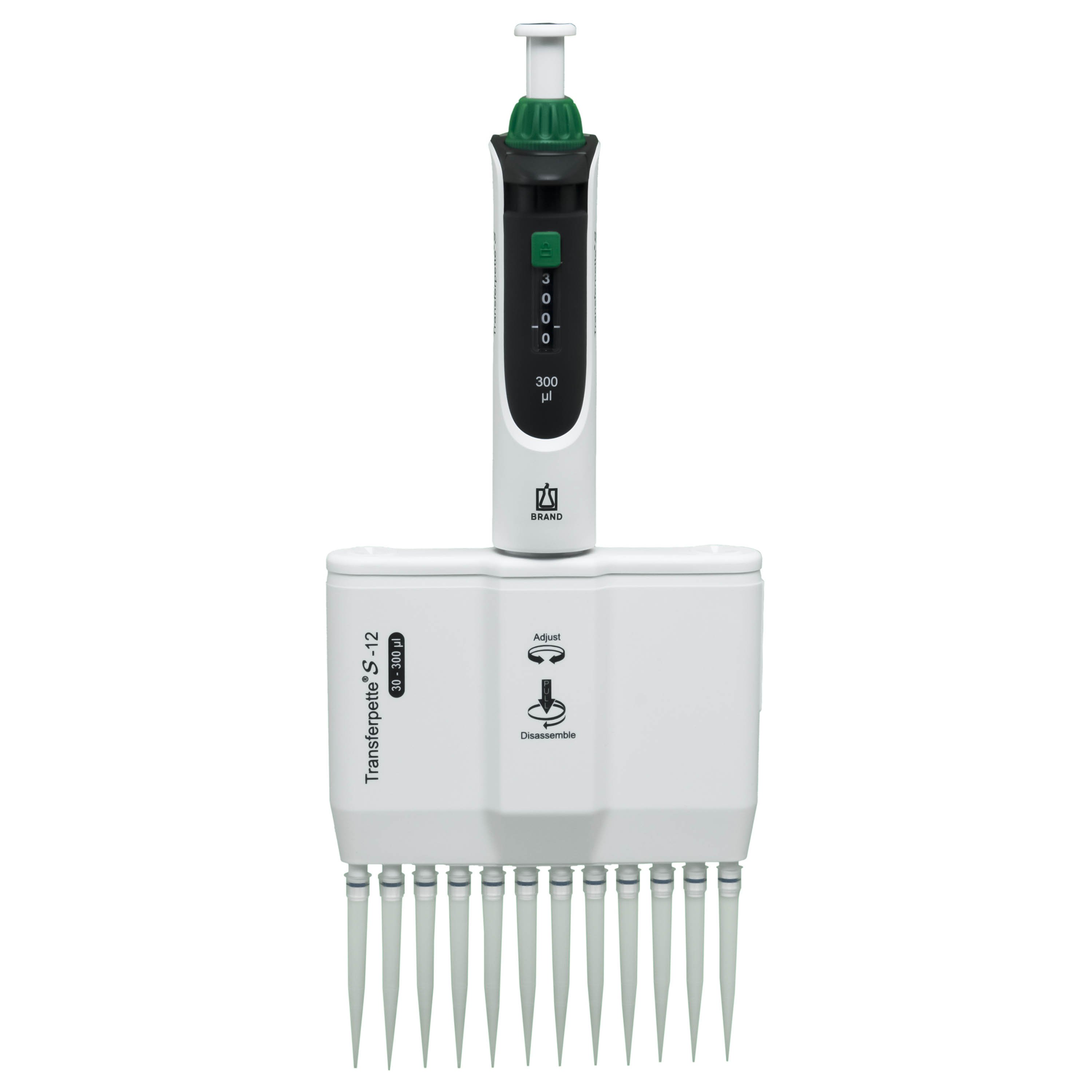 BrandTech Transferpette S-12 Channel Pipette Model M12-300 - Adjustable Volume 30-300uL