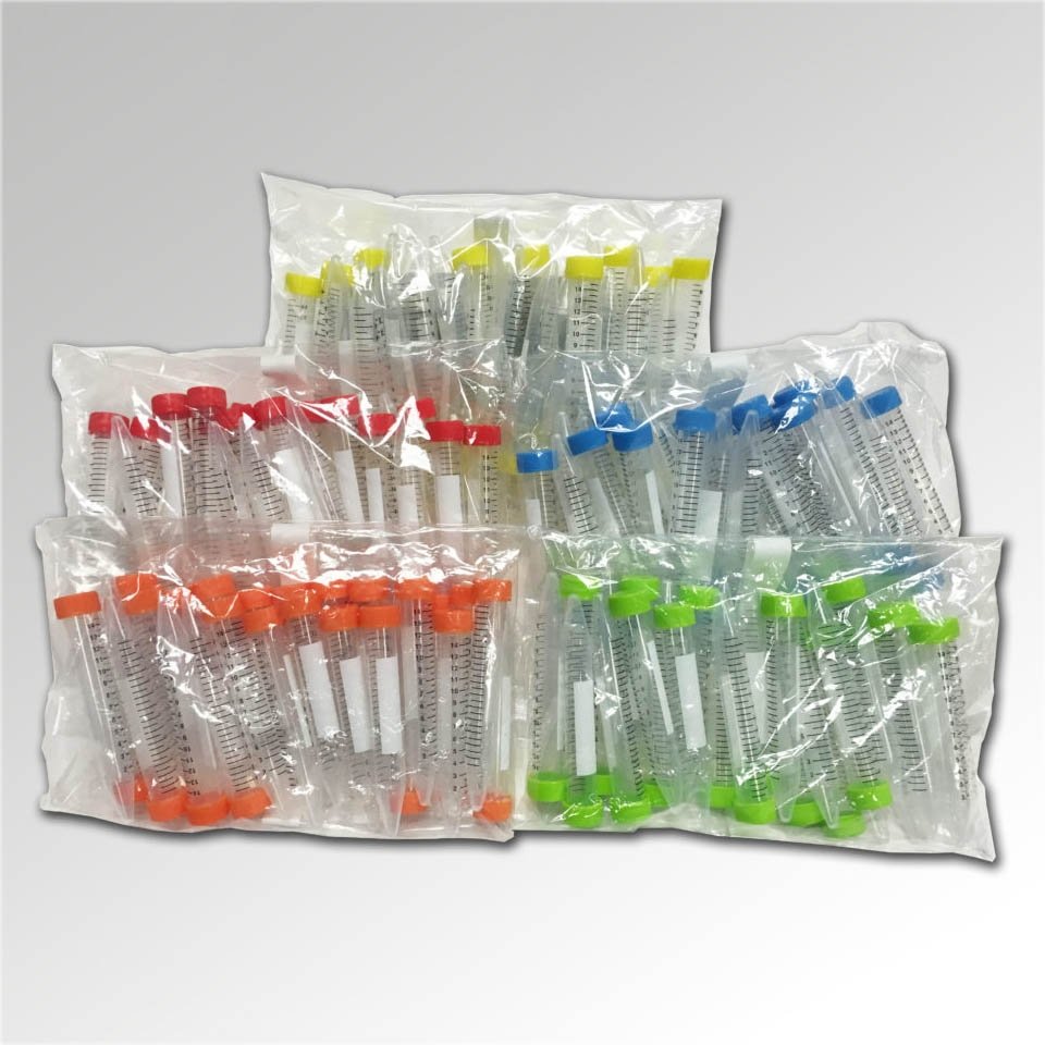 SpectraTube 15mL Sterile Centrifuge Tube with Flat Rainbow Screw Cap - 25/Bag (20 Bags)