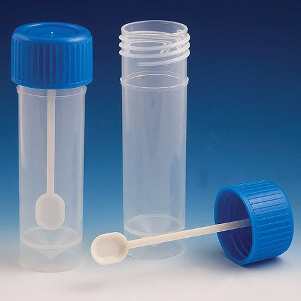 30mL Self-Standing Polypropylene Skirted Conical Bottom Fecal Containers - Attached Screwcap with Spoon