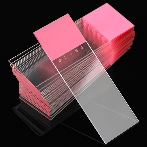 Microscope Slides - Diamond White Glass - 90° Ground Edges 90° Corners - Pink Frosted 1 End 1 Side