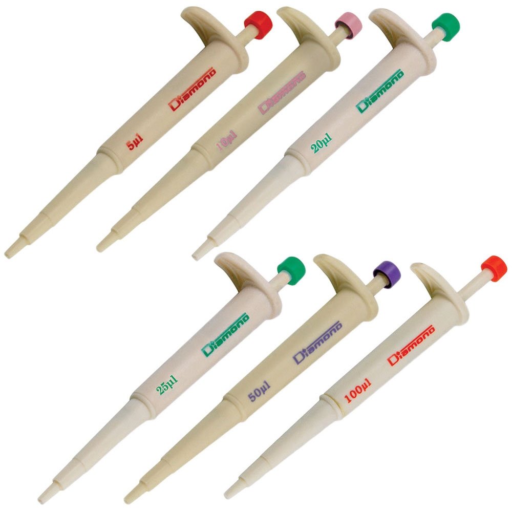 Diamond Jr. Pipettor - Single Channel Fixed Volume - Pack of 6 (1 Each of 5uL, 10uL, 20uL, 25uL, 50uL and 100uL Pipette)