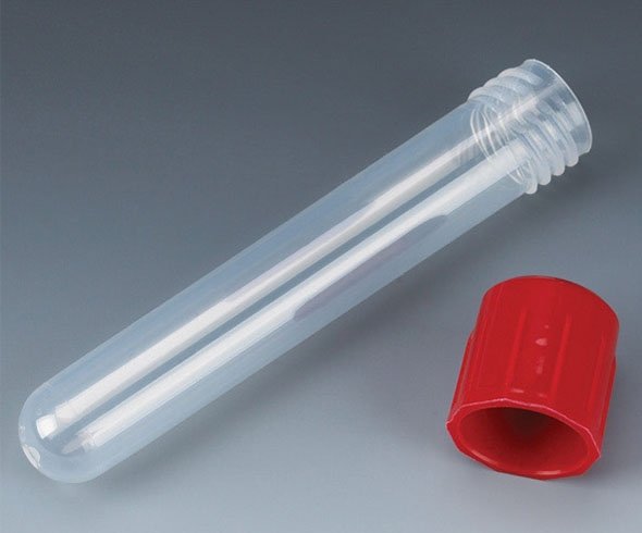12mm x 75mm (5mL) Test Tubes with Attached Red Screw Caps - Polypropylene