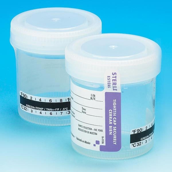 90mL (3oz) Tite-Rite Container with Attached Screw Cap, Tab Seal ID Label and Thermometer Strip - Sterile - Wide Mouth (Case of 300)