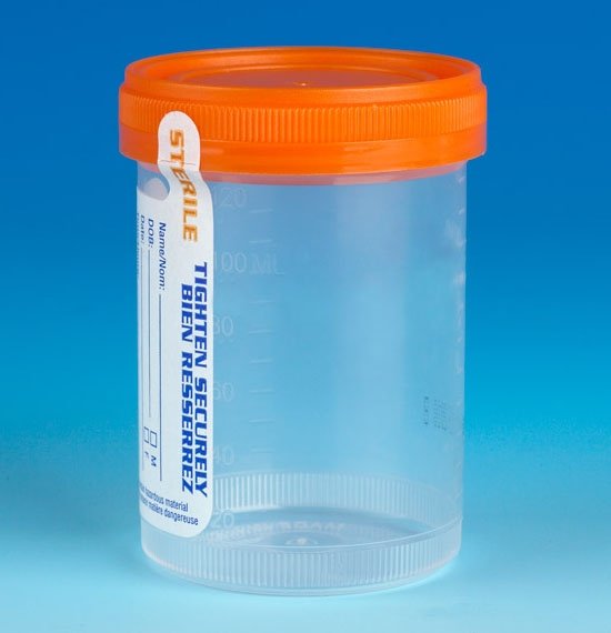 120mL (4oz) Tite-Rite Container with Attached Orange Screw Cap and Tab Seal ID Label - Individually Wrapped - Sterile (Case of 100) - BACKORDER UNTIL 4/22/24