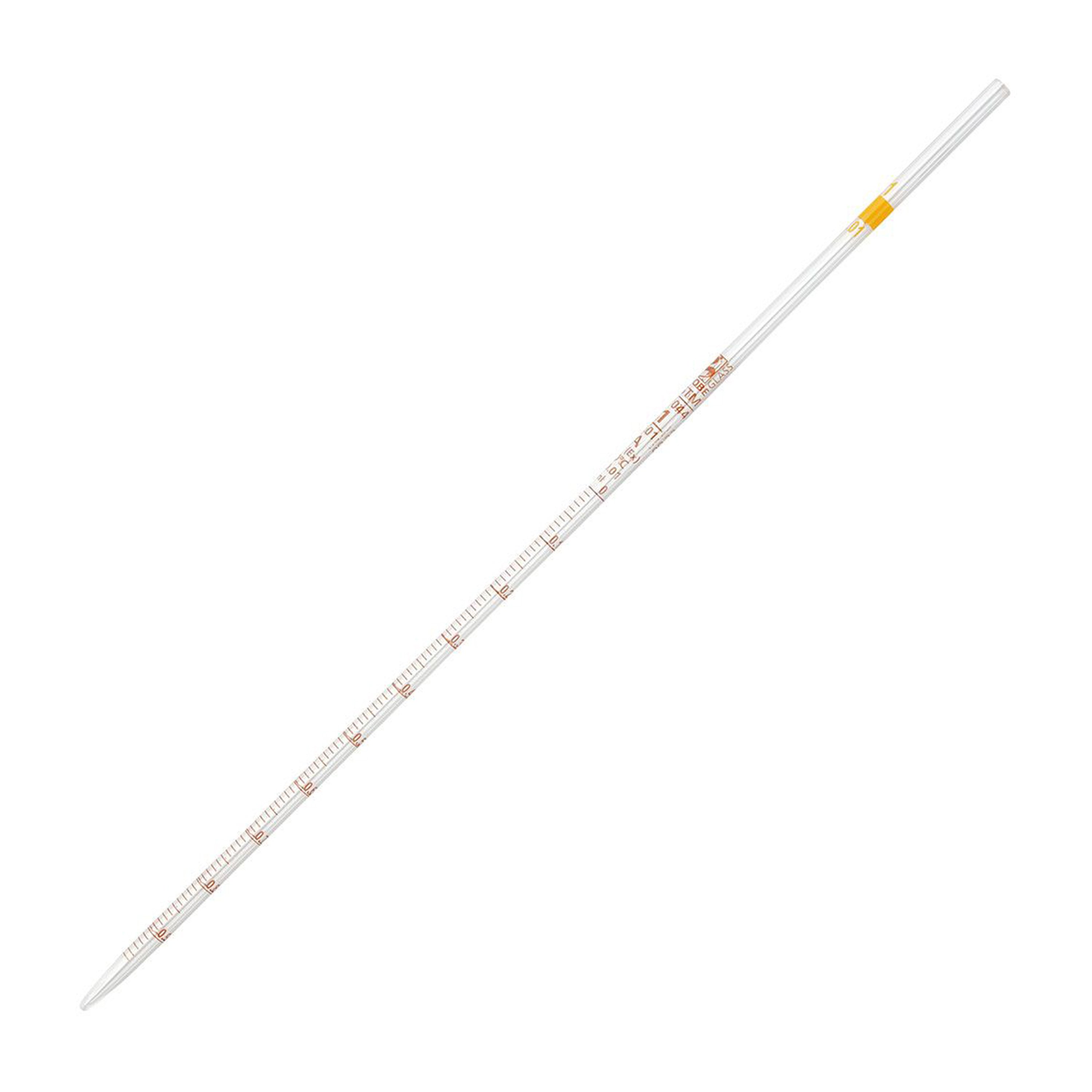 Globe Glass™ Class A Reusable Serological Pipette with 0.01 Graduation - 1 mL, Yellow Band (Box of 6)