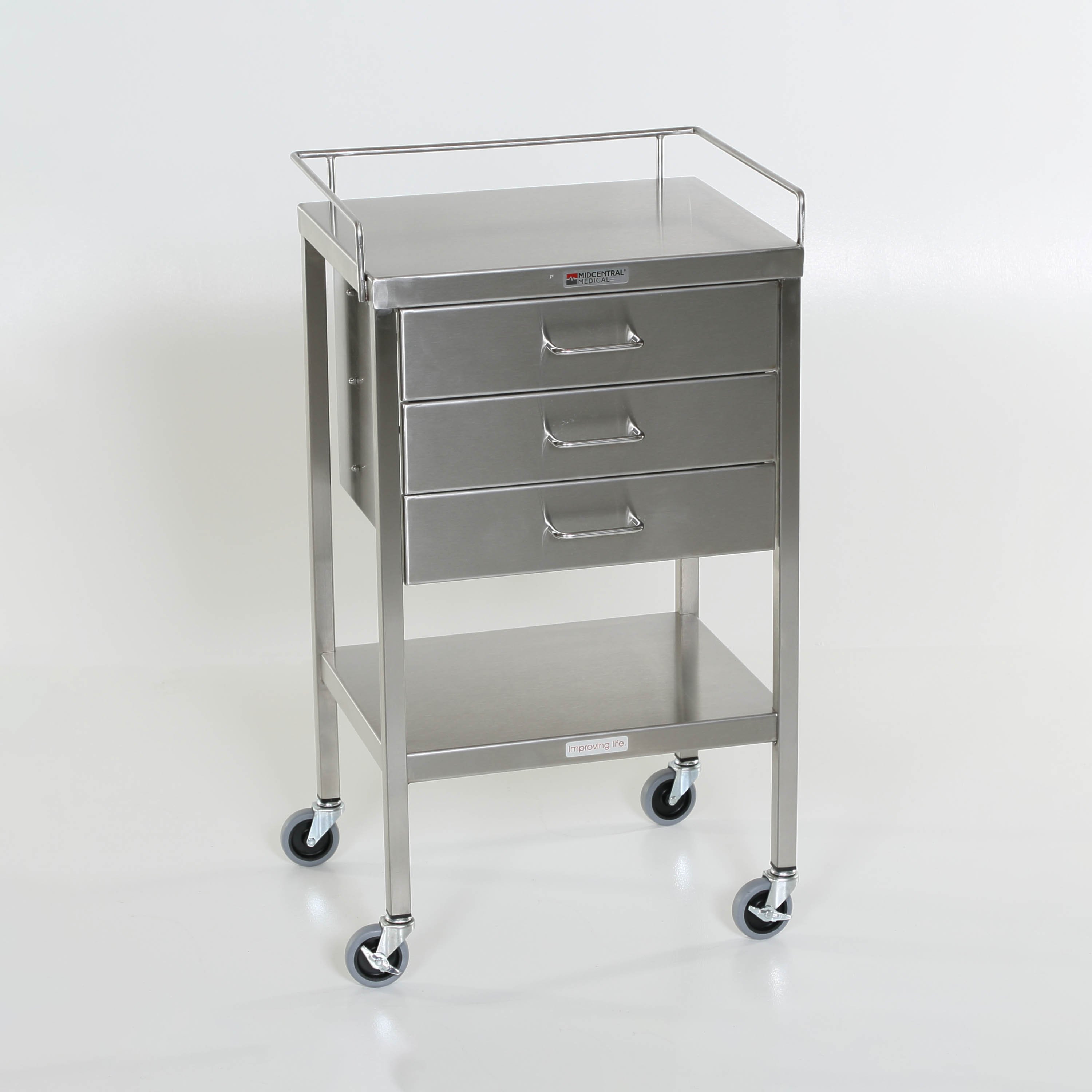 MCM522 SS 3-Drawer Utility Table Lower Shelf 3-Sided Top-Guardrail