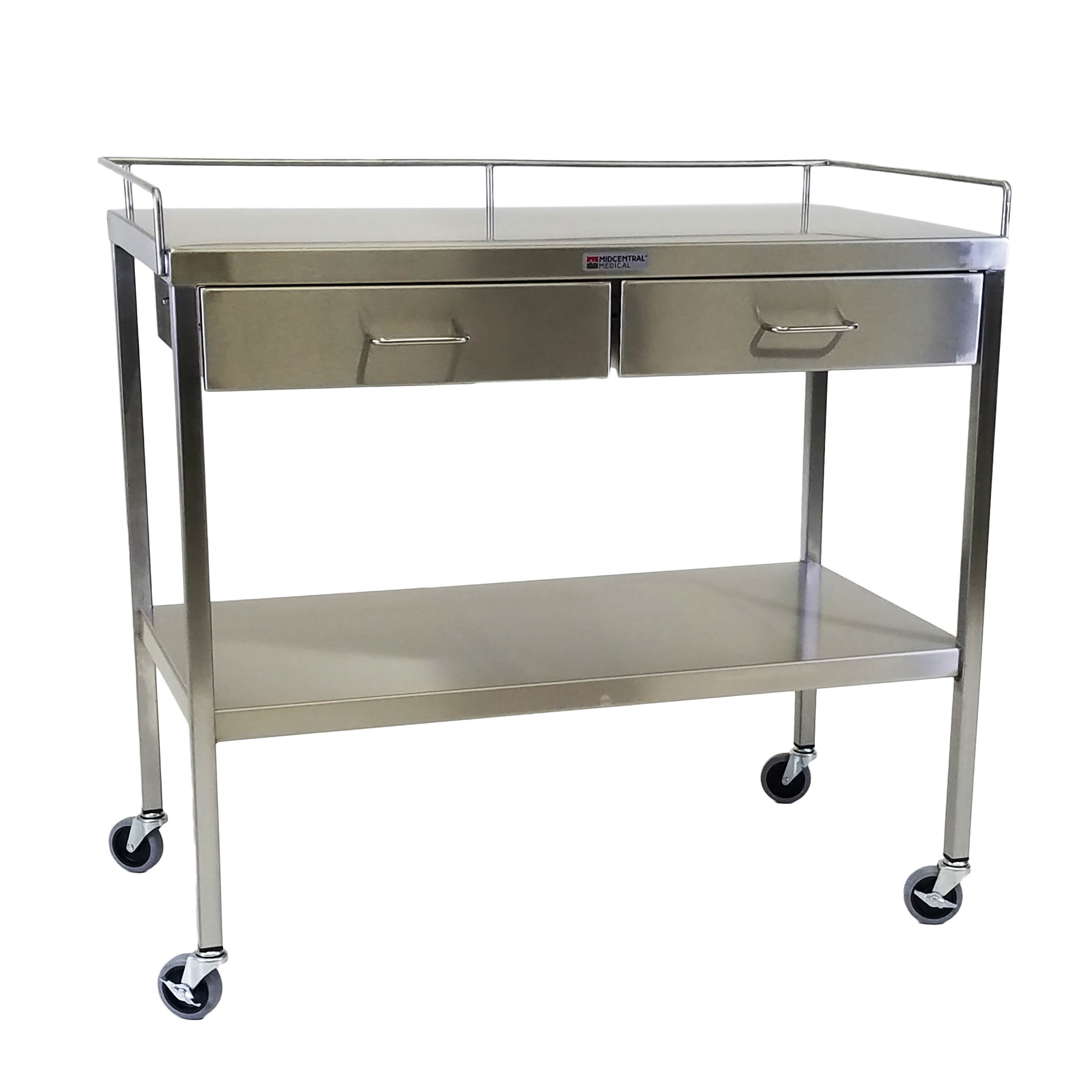 MidCentral SS Large Utility Table with Drawers Lower Shelf 3 Sided Guardrail