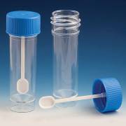 30mL Self-Standing Polystyrene Skirted Conical Bottom Fecal Containers - Attached Screwcap with Spoon
