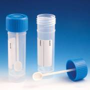 30mL Self-Standing Polypropylene Skirted Conical Bottom Fecal Containers with ID Label - Attached Screwcap with Spoon