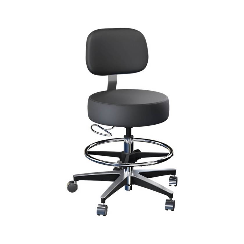 Brewer Model 11001BFR Century Pneumatic Stool with Backrest & Adjustable Footring - Black Satin Upholstery
