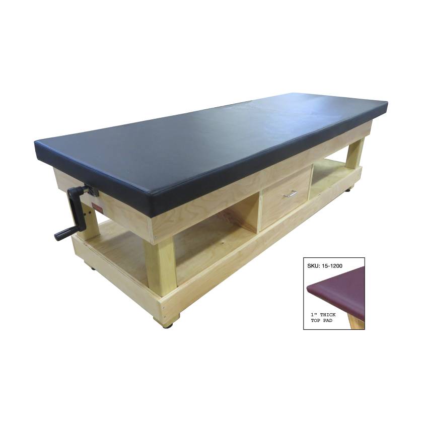 CanDo® 15-1200 Manual Hi-Lo Hardwood Treatment Table with Flat Top and Shelf - With Drawer