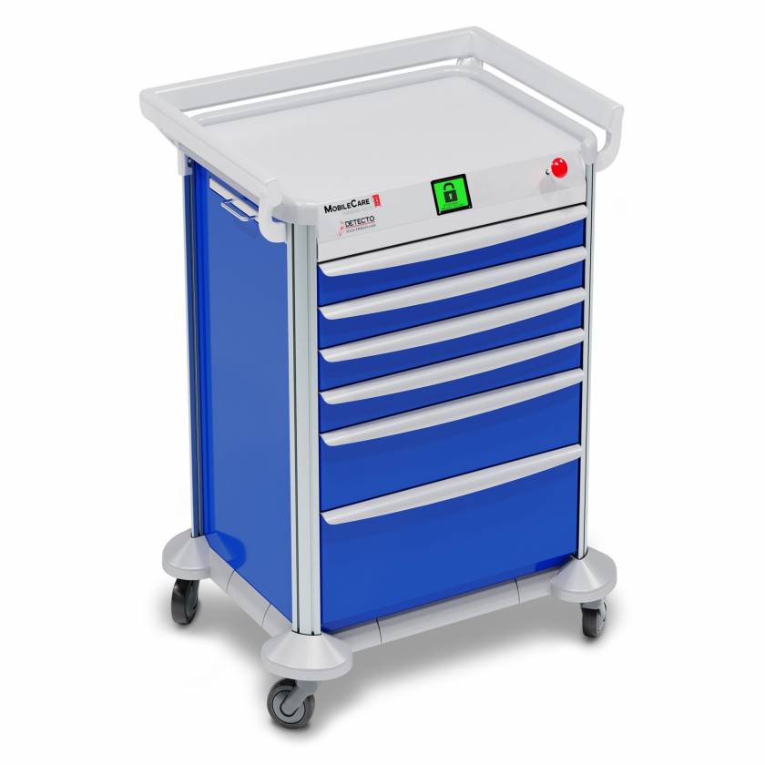DETECTO 2015110 MobileCare Series Medical Cart - Blue, Six 23" Wide Drawers with Quick Release Lock, 3 Handrails