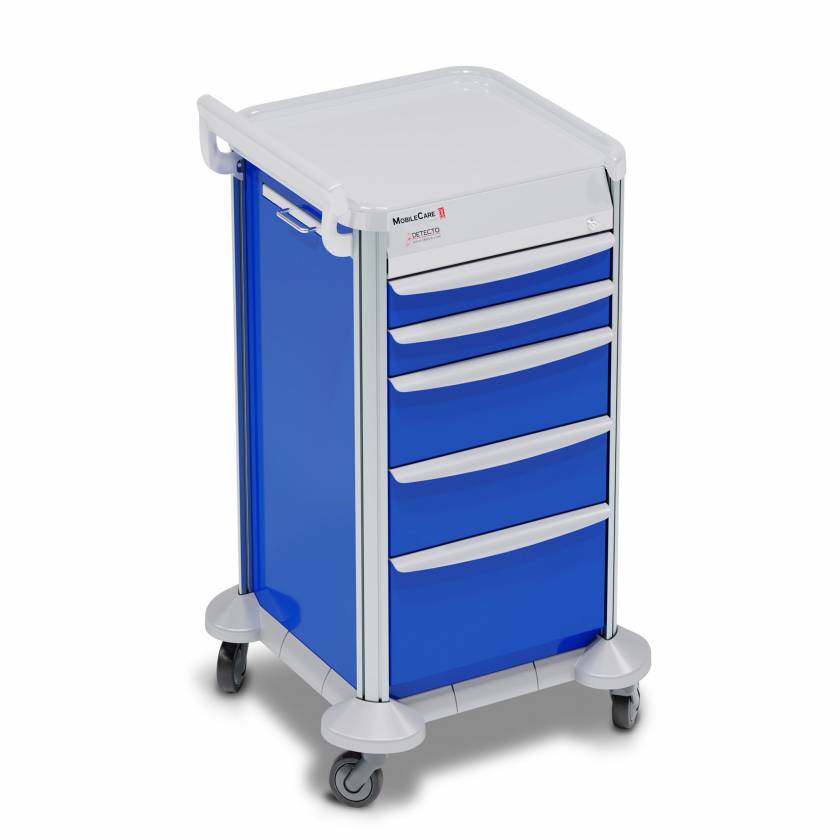 DETECTO 2022271 MobileCare Series Medical Cart - Blue, Five 16.5" Wide Drawers with Key Lock, 1 Handrail