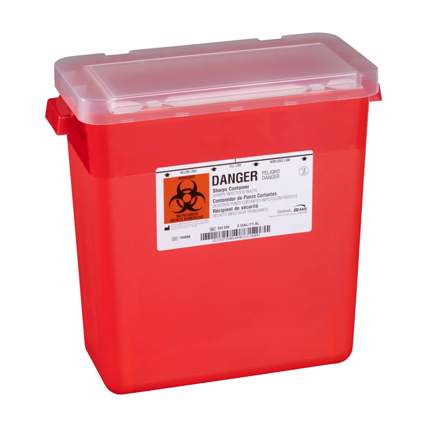 Bemis Health Care 303030 3-Gallon Multi-Purpose Biohazard Sharps Container with Hinged Lid - Translucent Red