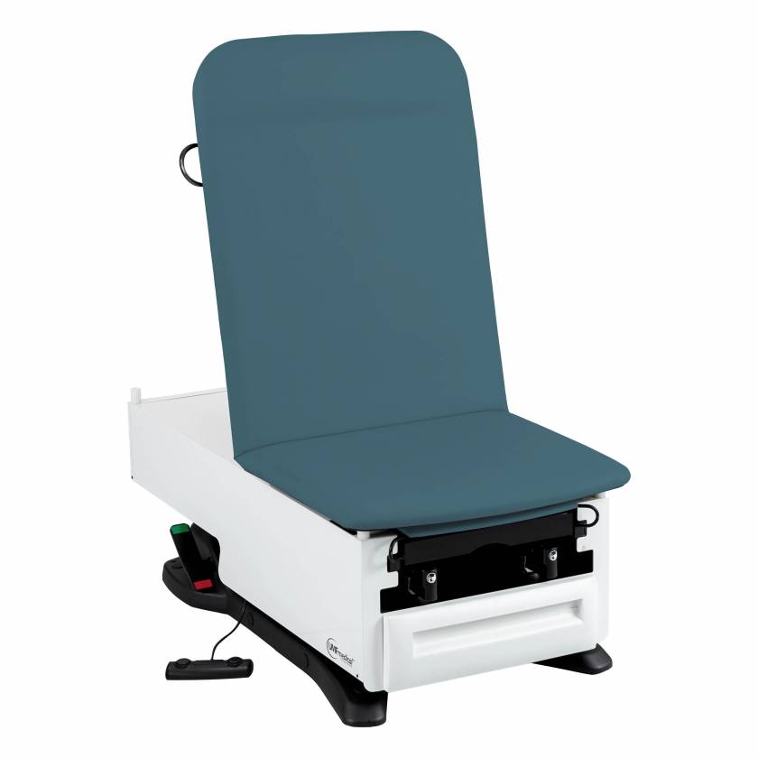 Model 3003-500-300LB FusionONE ProGlide Power Hi-Lo Manual Backrest Exam Table with WheelBase System, Foot Control, Stirrups, Drawer Warmer, Pelvic Tilt & Electrical Receptacle - Lakeside Blue