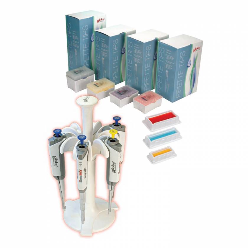 Globe Scientific 3351-COMBO Diamond® APEX™ Single Channel Adjustable Volume Pipette Kit. Please note that the image does not accurately represent the pipette sizes included with this item.