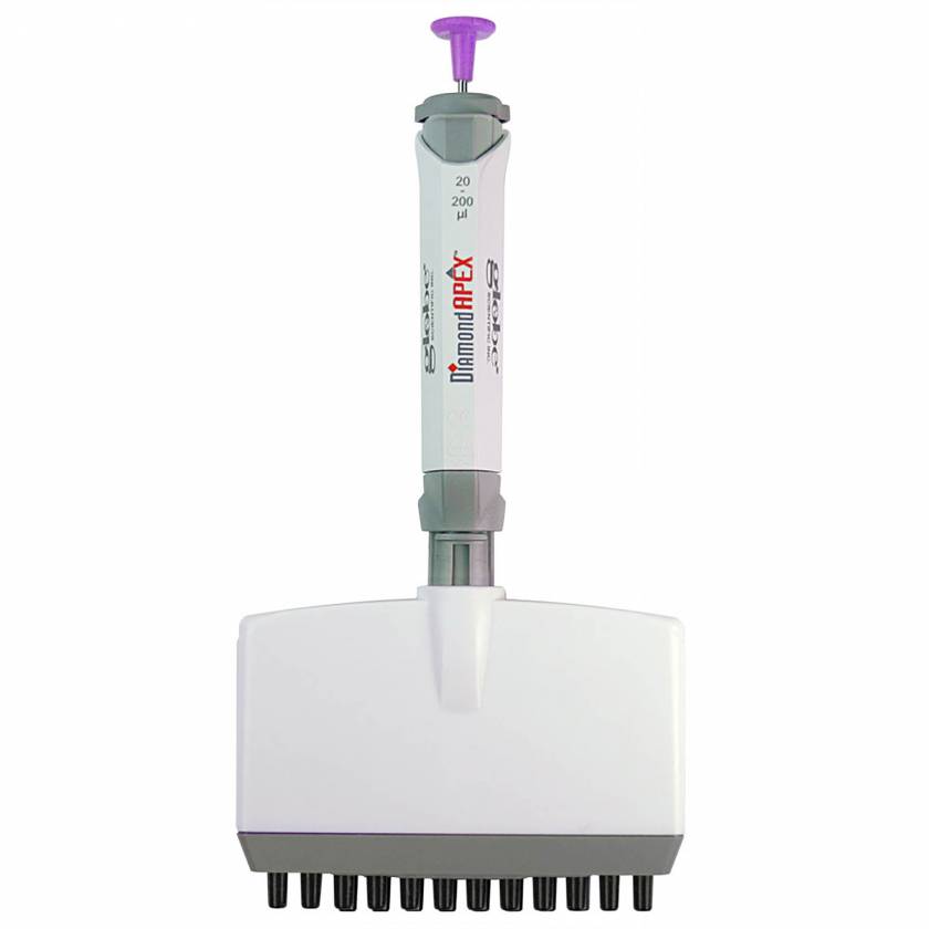 Globe Scientific 3355-200 Diamond® APEX™ Pipette, 12-Channel Adjustable Volume - Fully Autoclavable (Image shows 20-200 uL, it will look similar for other volumes)