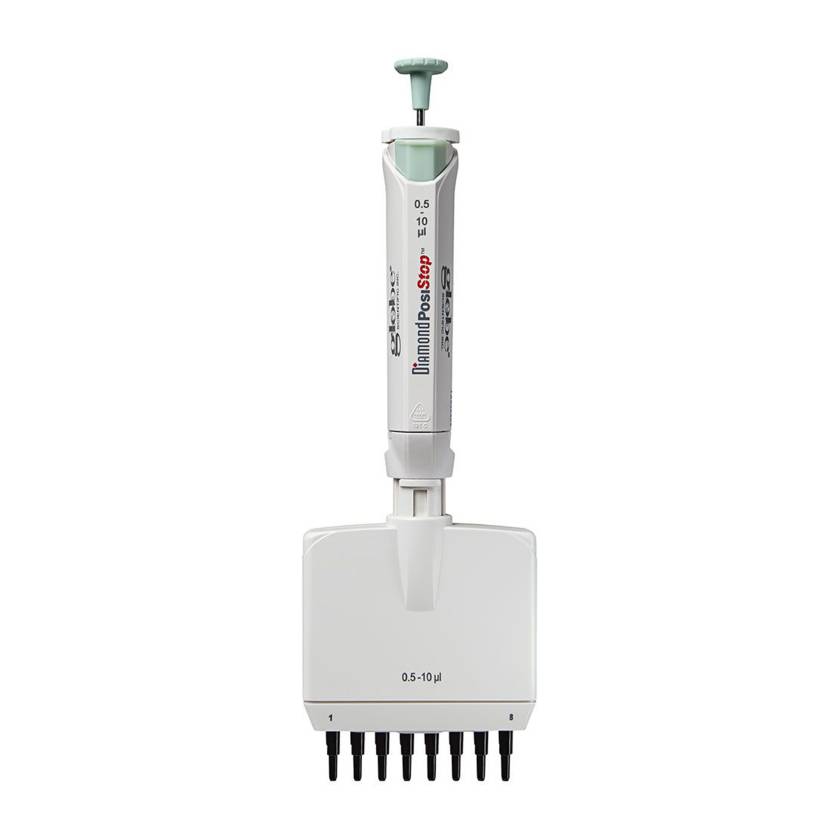 Globe Scientific 3364-10 Diamond™ PosiStop™ 8-Channel Pipettor with Adjustable Volume - 0.5-10 uL, Red Plunger
