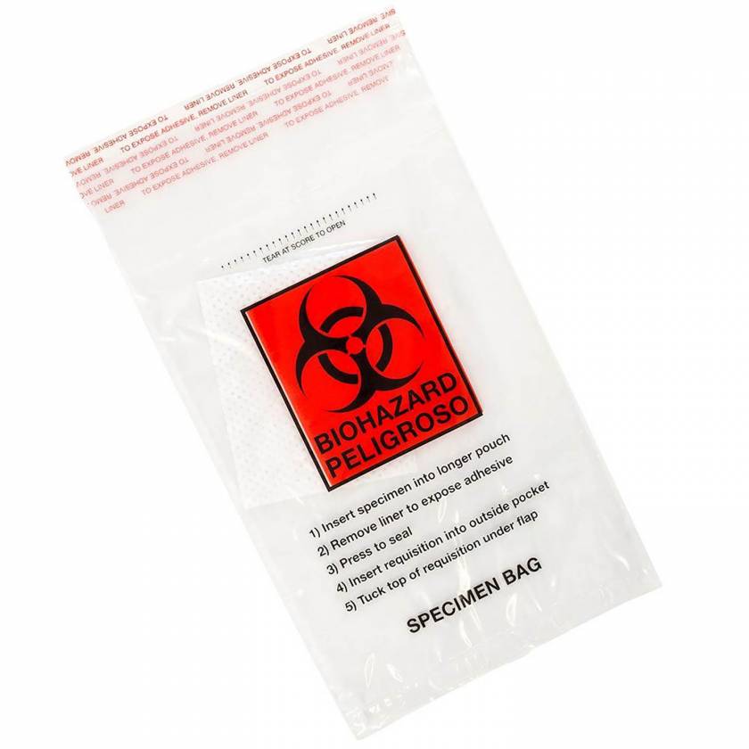 Biohazard Specimen Transport Bags 6" x 9" - Glue Seal with Document Pouch and Absorbent Pad