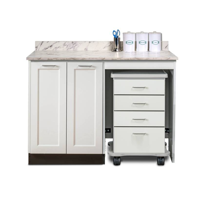 Clinton 58048R Fashion Finish 48" Wide Cart-Mate Cabinet with Right Side 4-Drawer Cart in Arctic White Color and Classic Marble Countertop (Sundry Jar Sold Separately; Organizer Holder and Scissors NOT Included)