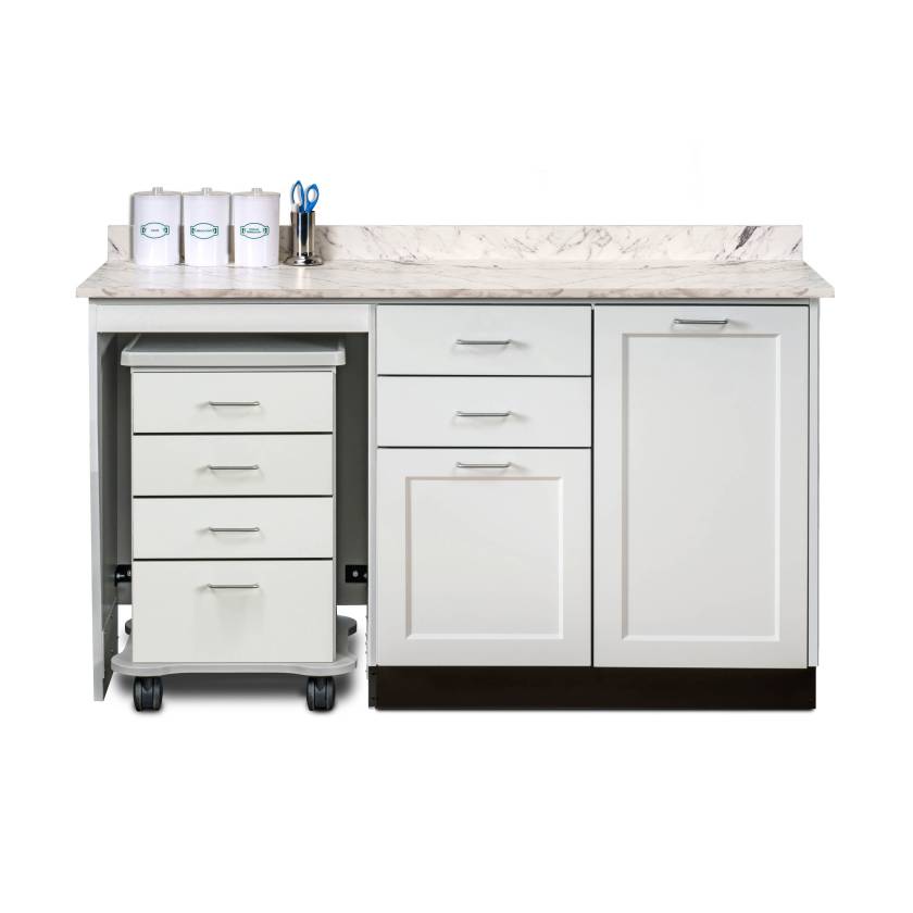 Clinton 58060L Fashion Finish 60" Wide Cart-Mate Cabinet with Left Side 4-Drawer Cart in Arctic White Color and Classic Marble Countertop (Sundry Jar Sold Separately; Organizer Holder and Scissors NOT Included)