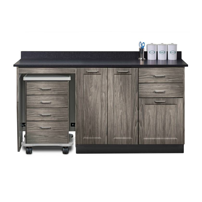 Clinton 58066ML Fashion Finish 66" Wide Cart-Mate Cabinet with Left Side 4-Drawer Cart, Middle Double Doors in Metropolis Gray Color and Graphite Talc Countertop (Sundry Jar Sold Separately; Organizer Holder and Scissors NOT Included)