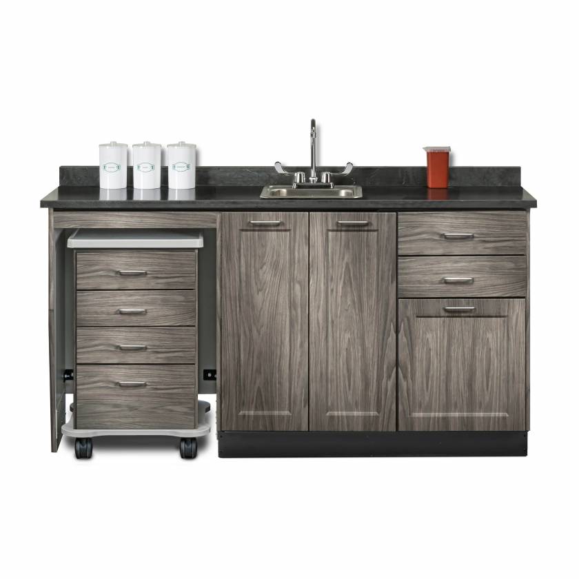 Clinton 58066ML Fashion Finish 66" Wide Cart-Mate Cabinet with Left Side 4-Drawer Cart, Middle Double Doors in Metropolis Gray Finish and Black Alicante Laminate Countertop. NOTE: Supplies and Optional Sink Model 022 are NOT included.