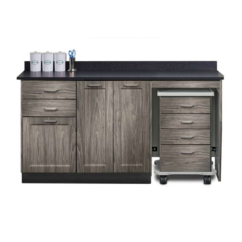 Clinton 58066MR Fashion Finish 66" Wide Cart-Mate Cabinet with Right Side 4-Drawer Cart, Middle Double Doors in Metropolis Gray Color and Graphite Talc Countertop (Sundry Jar Sold Separately; Organizer Holder and Scissors NOT Included)