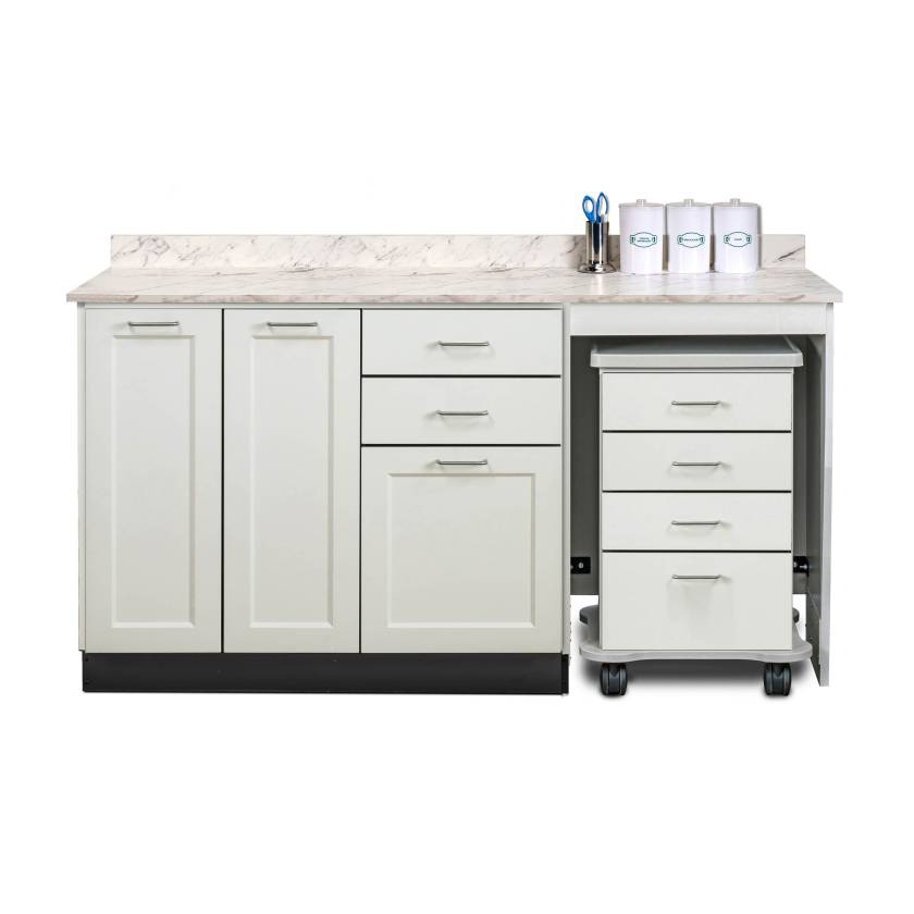 Clinton 58066R Fashion Finish 66" Wide Cart-Mate Cabinet with Right Side 4-Drawer Cart in Arctic White Color and Classic Marble Countertop (Sundry Jar Sold Separately; Organizer Holder and Scissors NOT Included)