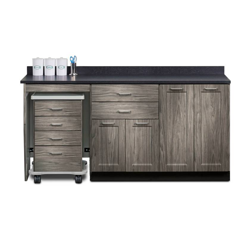 Clinton 58072L Fashion Finish 72" Wide Cart-Mate Cabinet with Left Side 4-Drawer Cart, Right Side Double-Door in Metropolis Gray Color, and Graphite Talc Countertop (Sundry Jar Sold Separately; Organizer Holder and Scissors NOT Included)