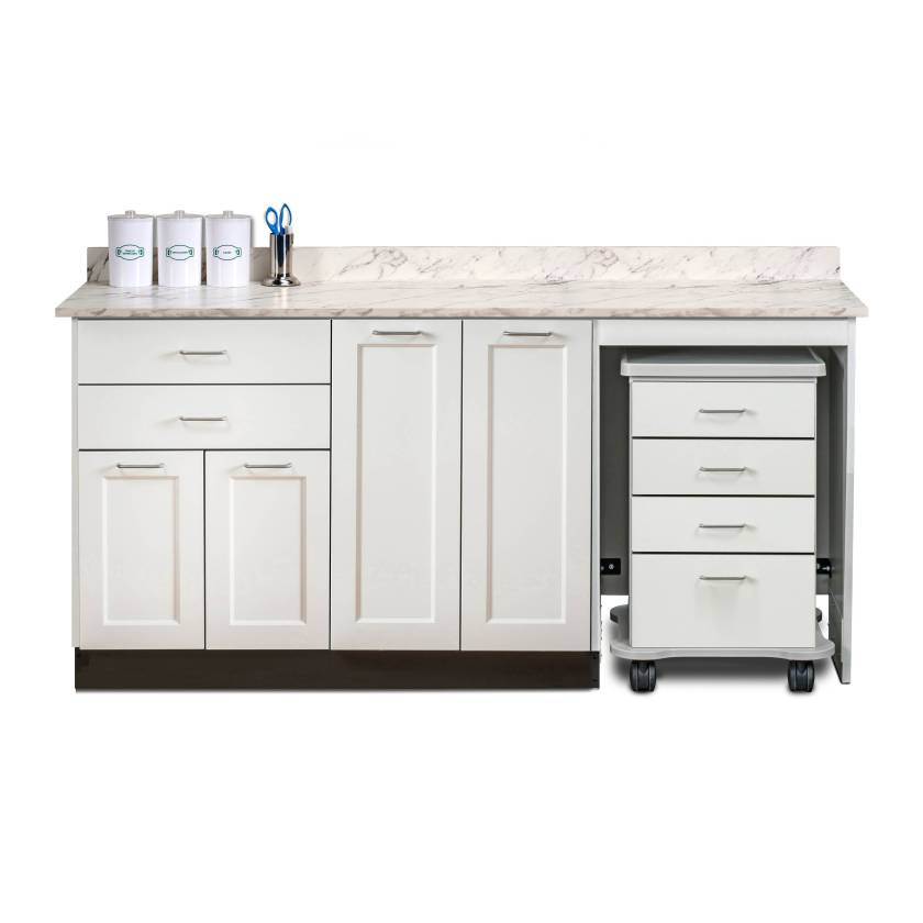 Clinton 58072MR Fashion Finish 72" Wide Cart-Mate Cabinet with Right Side 4-Drawer Cart, Middle Double-Door in Arctic White Color, and Classic Marble Countertop (Sundry Jar Sold Separately; Organizer Holder and Scissors NOT Included)