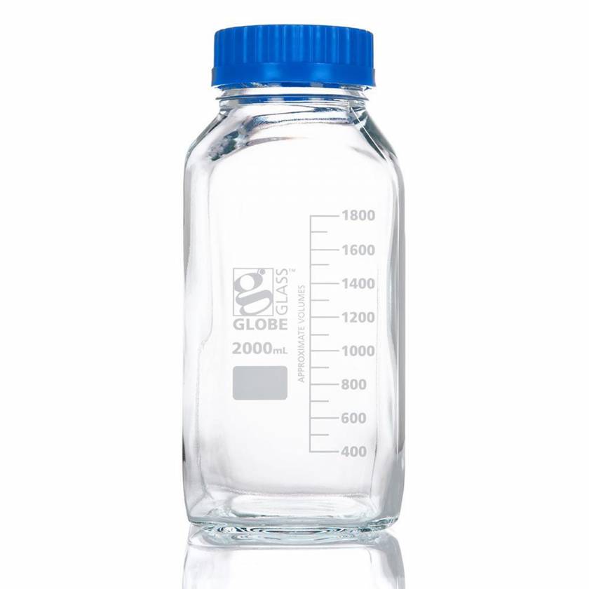 Globe Scientific 8122000 Globe Glass™ Square Wide Mouth Media Bottles with GL80 Screw Cap, Single Graduations - 2000 mL