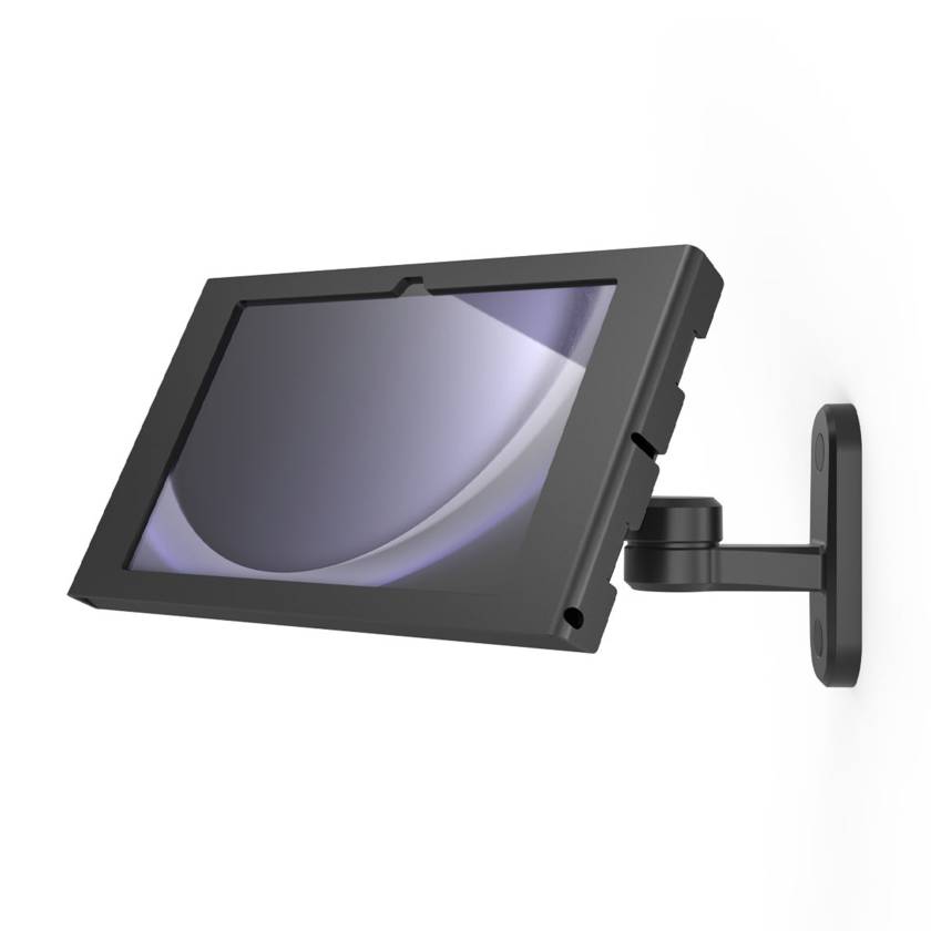 Compulocks 827B11GAPX9B Swing Arm Wall Mount with Apex Secured Enclosure - For 11" Galaxy Tab, Black, Landscape, Left Angle View (Tablet is Not Included)