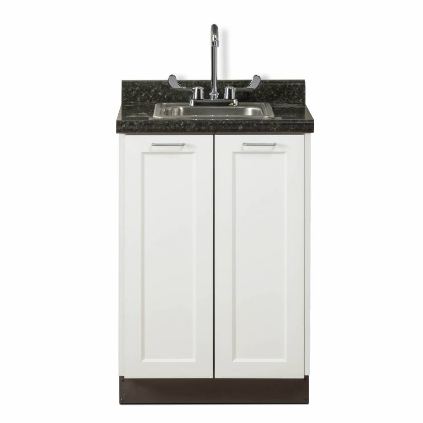 Clinton Fashion Finish Arctic White 24" Wide Base Cabinet Model 8624 shown with Meteorite Postform Countertop with Sink and Wing Lever Faucet Model 24P