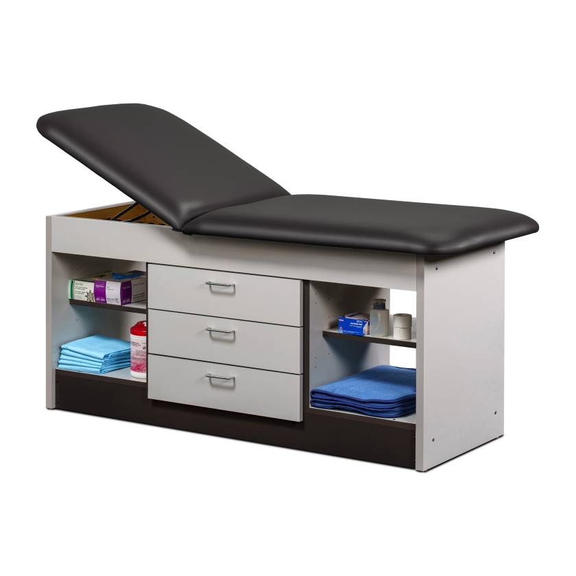 Clinton 98013 Series Cabinet Style Treatment Table with Two Open Storage and Center Drawers - Black Upholstery and Gray Laminate (The Items in the Cabinets are Not Included.)