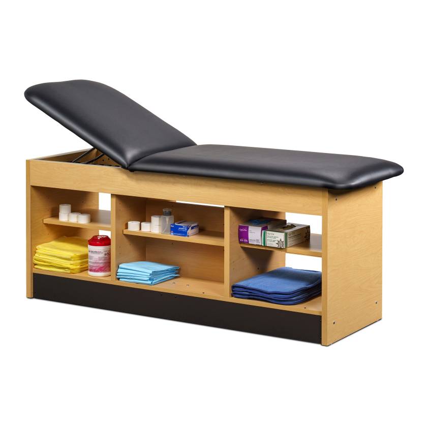 Clinton 98022 Series Cabinet Style Treatment Table with Open Access Storage - Black Upholstery and Maple Laminate (The Items in the Cabinets are Not Included.)