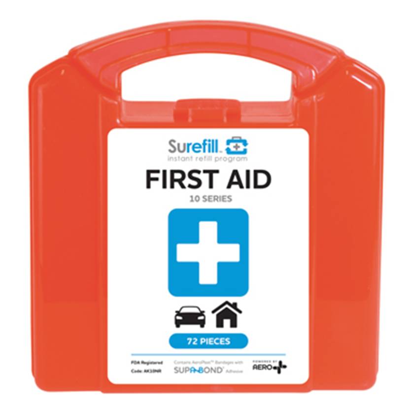 AERO Healthcare AK10NR SureFill® 10 Series All Purpose First Aid Kit, Red Translucent Plastic Case - Front View