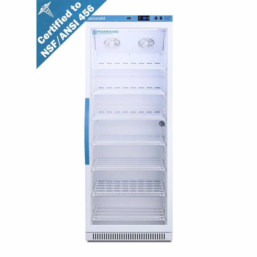Accucold ARG12PV456 Pharma-Vac Performance Series Upright Vaccine Refrigerator with NSF/ANSI 456 Certification, 7 Wire Shelves, Right Handle Glass Door, 12 Cubic Feet - Front View